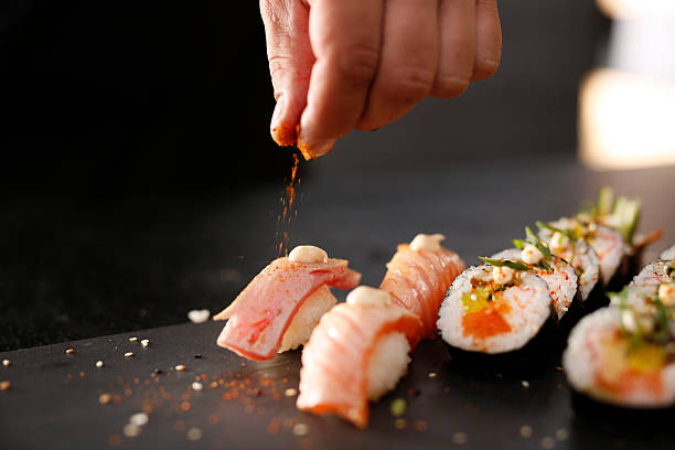 classic japanese sushi served on a stone plate